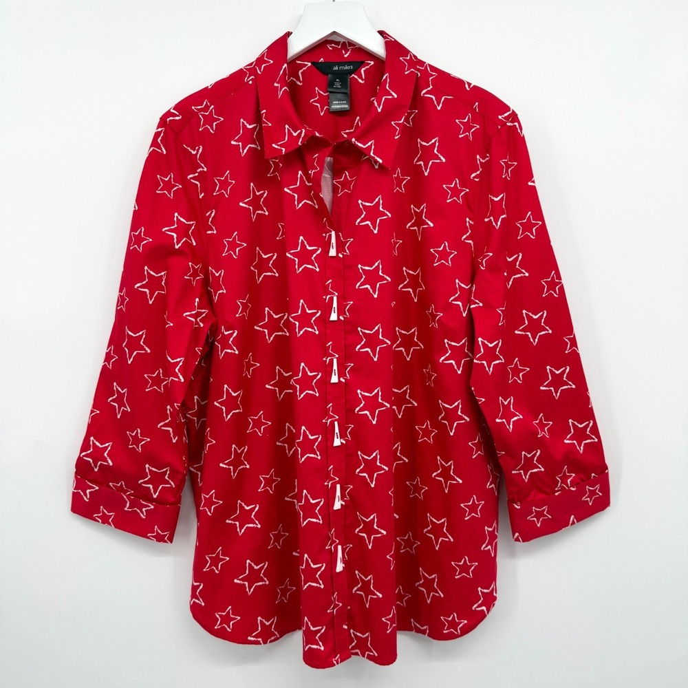Ali Miles Top Shirt Size XL Star Print 3/4 Sleeve 100% Cotton Western Boho New